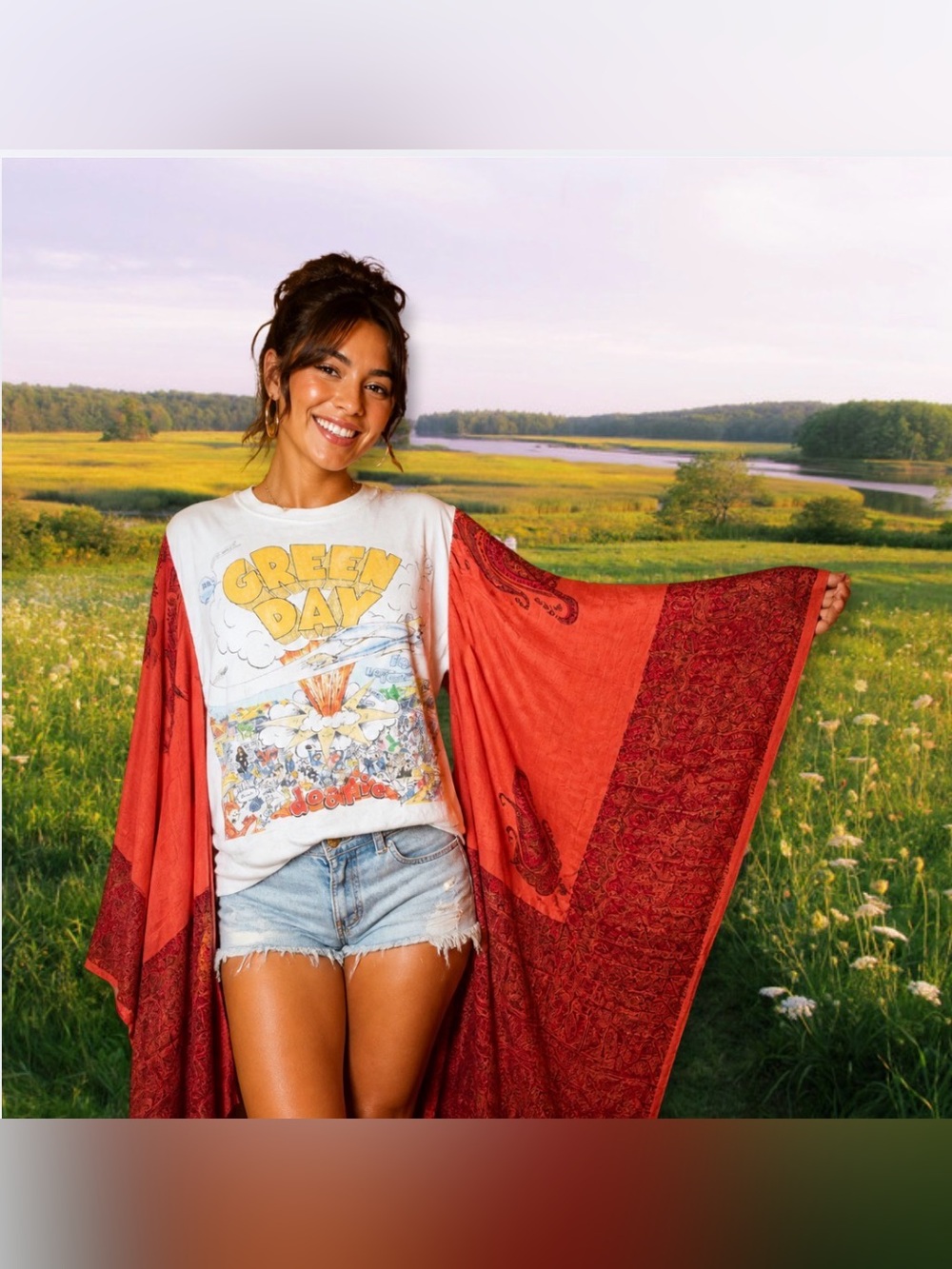 Green Day T Shirt poncho Upcycled w/ vibrant orange silk Kimono Sleeves. - Picture 3 of 6